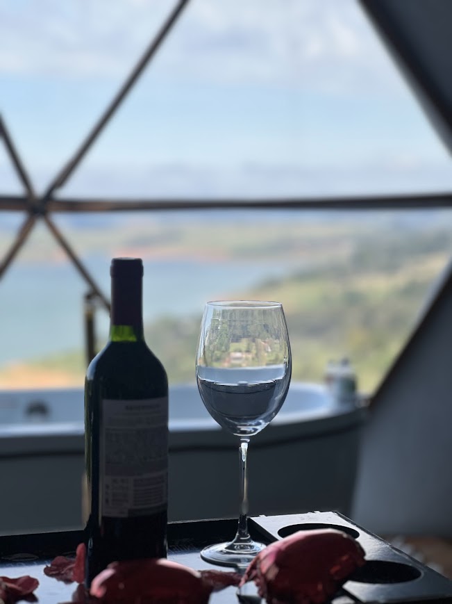 Taça de vinho com a hidro e a paisagem ao fundo